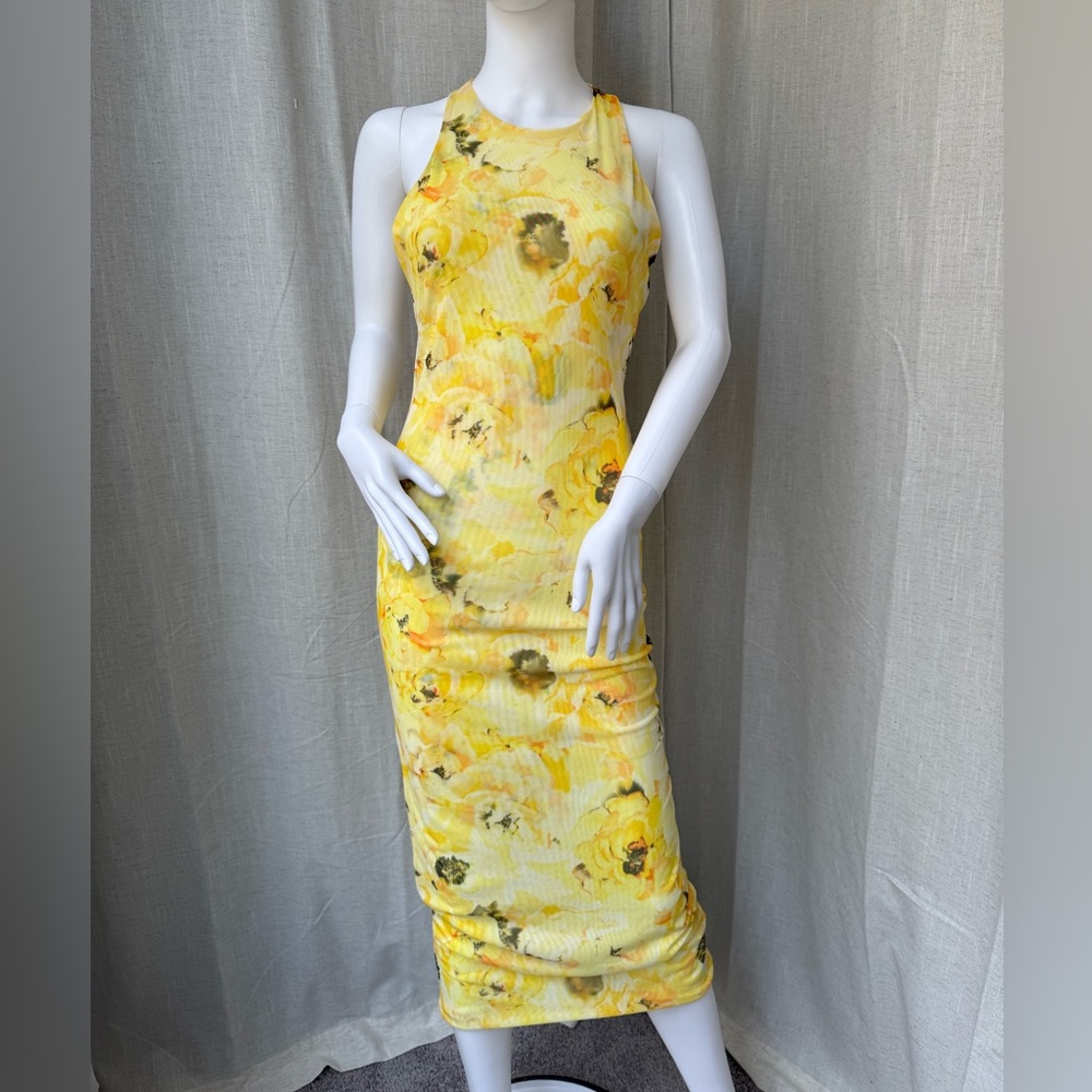 Zara stretch mesh Floral Yellow Sleeveless Dress sz Small